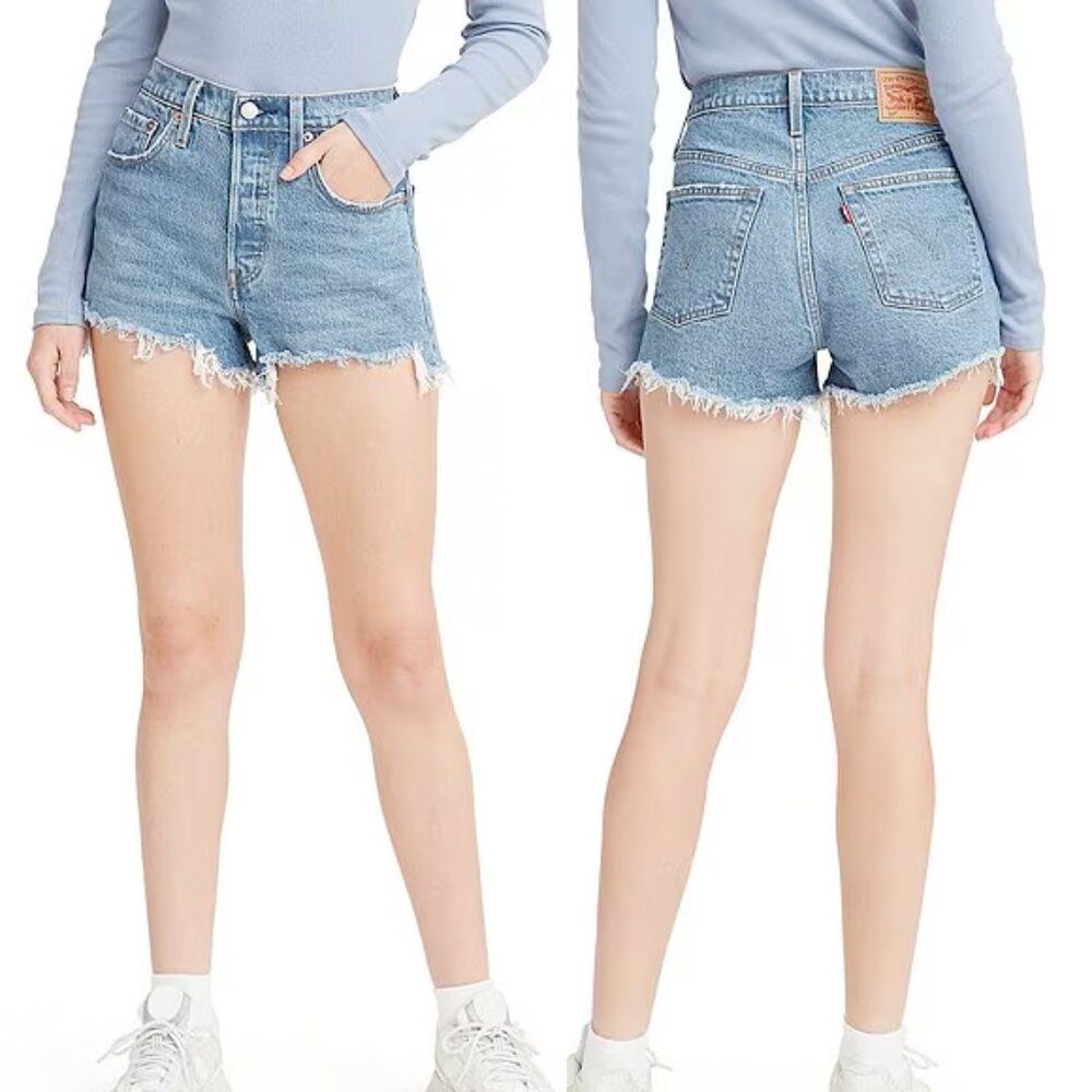 levi's 501 original | blue high waisted booty cheeky cut off denim jean shorts
